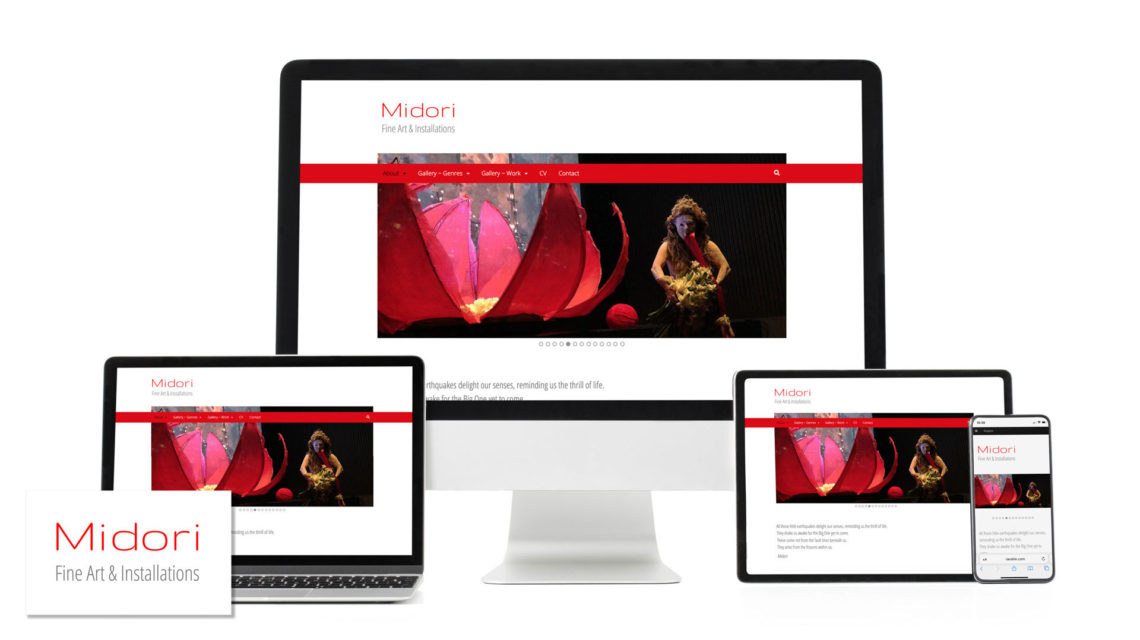 Midori website on desktop, tablet, and mobile. White background with large horizontal photo of huge red flower on left and woman standing on right. Thin red menu bar cuts across image. Above image is logo: "Midori" in thin red extended sans serif type; below that, "Fine Art & Installations" in thin gray condensed sans serif type. White rectangle with logo at lower left.