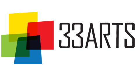 Four irregularly shaped four-sided areas of color (yellow, red, blue and green) overlap to create additional colors. To the right, "33ARTS" in black all-caps type in a dramatic sans serif typeface.