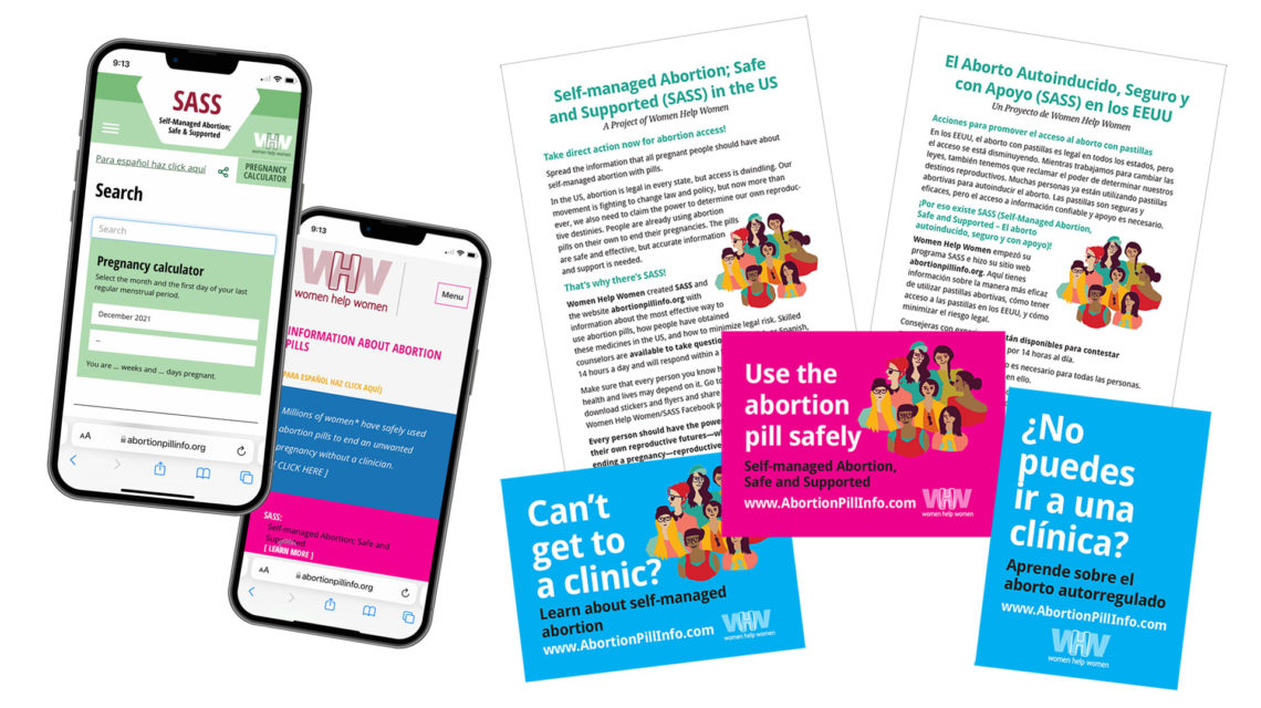 Mockups: 2017 and 2021 versions of SASS mobile site in phone screens; brightly colored SASS stickers; SASS flyers in English and Spanish