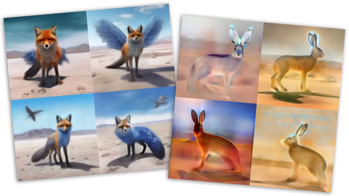 On left: 2x2 images of a fox-bird hybrid, about 80% rendered; on right: 2x2 images of black-tailed jackrabbit, about 40% rendered