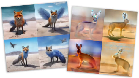 On left: 2x2 images of a fox-bird hybrid, about 80% rendered; on right: 2x2 images of black-tailed jackrabbit, about 40% rendered