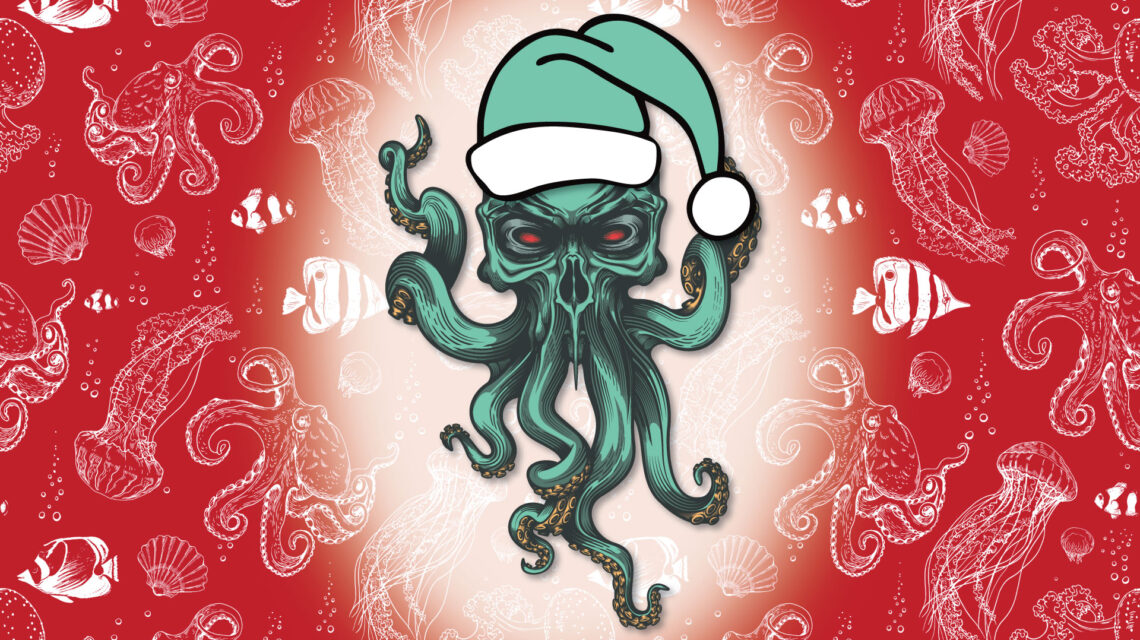 Red background with line drawings of sea creatures in white. White glow around illustration of Cthulhu with a green Santa hat.