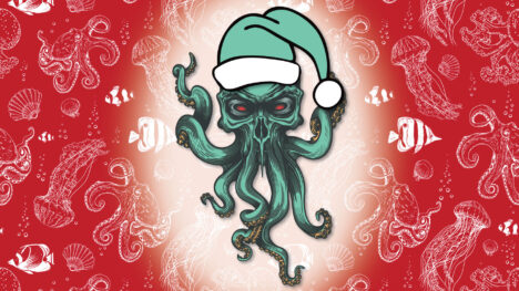 Red background with line drawings of sea creatures in white. White glow around illustration of Cthulhu with a green Santa hat.