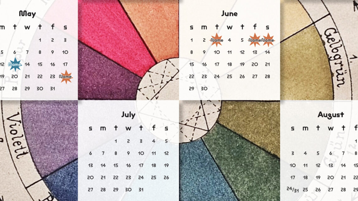 Close crop of 2025 calendar: color wheel in background with 12 translucent white month squares arranged in staggered grid. Text of months and days is in black.