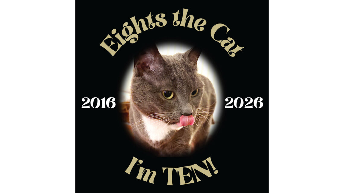 Square image with black background and vignetted photo of a gray and white cat with light green eyes, licking her lips with her very pink tongue. Text in fanciful typeface: light green type above the photo "Eights the Cat" and below photo "I'm TEN!"; white type on the left "2016" and on the right "2026."